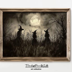 Lámina artística vintage de bruja de Halloween: Decoración de granja espeluznante (descarga digital)