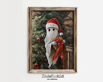 Cute Christmas Ghost Wall Art in a Santa Hat Print by the Christmas Tree Poster with his Present Ghost Home Decor Cute Christmas Holiday Art