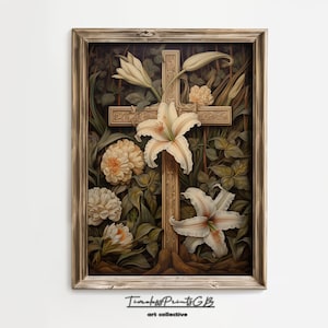 Christelijk kruis met bloemen afdrukbare paasmuurkunst Floral Cross woonkamer decor religieus schilderij houten kruis digitale download