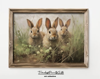 Vintage Easter Bunny Print: Three Bunnies in Wildflower Field (Digital Download)