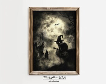 Hexe Katze Halloween Print: Gruselige Schwarze Katze Kunst (Digitaler Download)