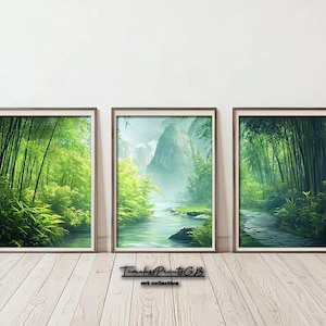 Druckbares 3er-Set Wald Wand Kunst Bambus Wald Landschaft Home Dekor 3-teiliger Fluss Poster Set Landschaft Landschaft