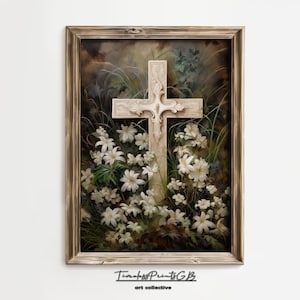 Christian Cross with Wildflowers Printable Easter Wall Art Cross Living Room Decor Religious Painting Wooden Cross Digital Download