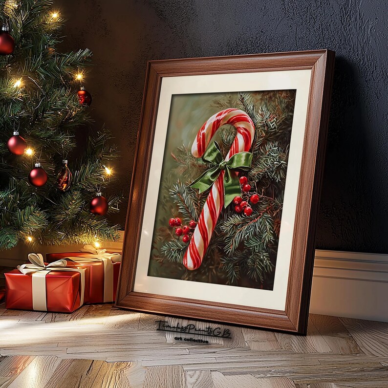 May include: A framed print featuring a candy cane with red and white stripes, a green bow, and red berries, set against evergreen branches. The brown framed artwork leans against a wall near a Christmas tree with red baubles and fairy lights.