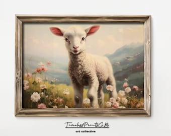 Spring Lamb on a Floral Hill Poster Lamb Print Easter Cute Sheep Wall Art Lamb Art Print Vintage Animal Home Decor Spring Decor