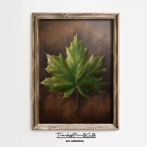 Arte de la pared de la hoja de arce verde sobre un fondo marrón oscuro imprimible / decoración del hogar de la hoja / cartel de pintura botánica / cartel de la hoja de la impresión del lienzo de la hoja
