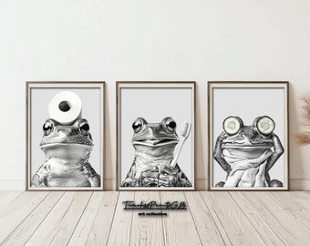 Funny Frog Bathroom Art Prints: Black & White Animal Decor (Digital Download)
