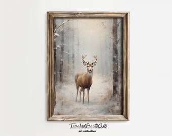 Christmas Reindeer Vintage Print Young Buck in Forest Wall Art Christmas Deer Poster Winter Animal Printable Stag in Winter Forest Painting