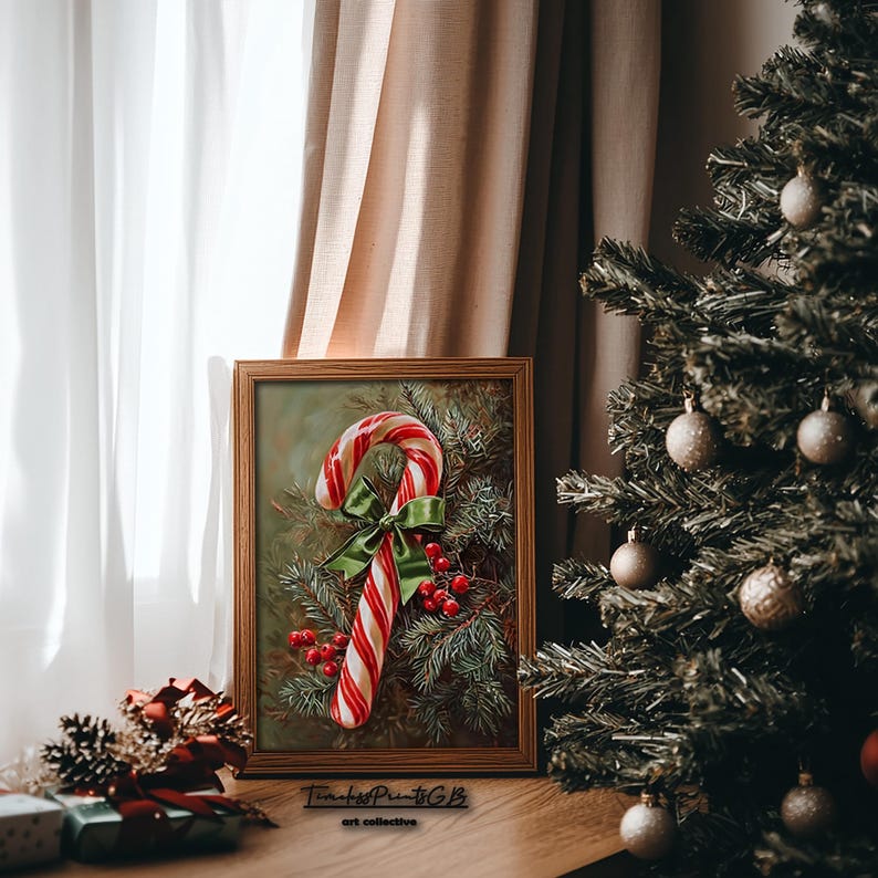 May include: A framed print featuring a candy cane with red and white stripes, a green bow, and red berries. The artwork is set against a backdrop of evergreen branches. The print is displayed near a Christmas tree.