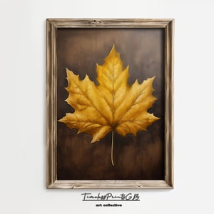 Arte de la pared de la hoja de arce amarillo sobre un fondo marrón imprimible / decoración del hogar de la hoja / cartel de pintura botánica / cartel de la hoja de la impresión del lienzo de la hoja