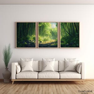 May include: A triptych of framed art prints depicting a lush bamboo forest scene. The artwork features a path winding through the green bamboo, with sunlight filtering through the trees. The frames are a light wood color, and the prints are displayed above a white sofa.