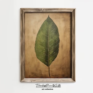 Arte de la pared de la hoja verde sobre un fondo marrón imprimible / decoración del hogar de la hoja / cartel de pintura botánica / impresión del lienzo de la hoja / arte de la pared de la vegetación