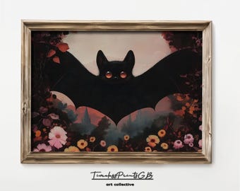 Vintage Halloween Bat Art Print: Spooky Floral Home Decor (Digital Download)