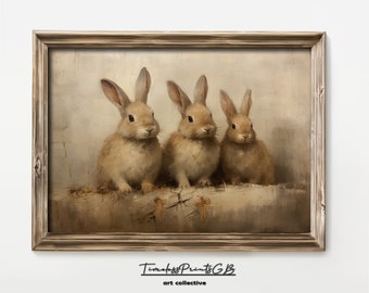 Vintage Easter Bunny Print: Three Bunnies in Wildflower Field (Digital Download)