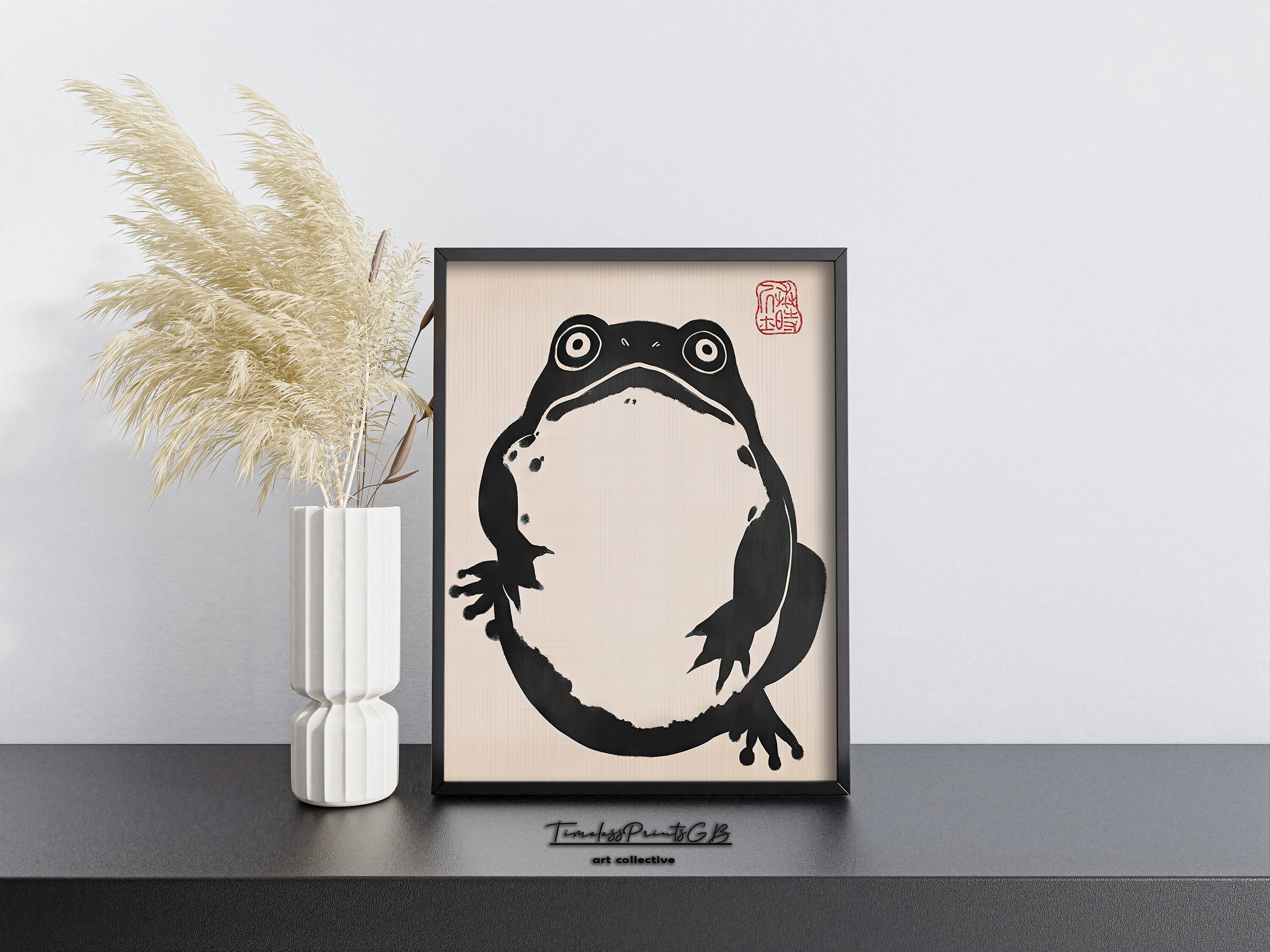 ROG feat. Minori Sawada 手書きグラフィック　壺 Japanese Frog Art Print: Funny Toad Hoji Style (digital Download