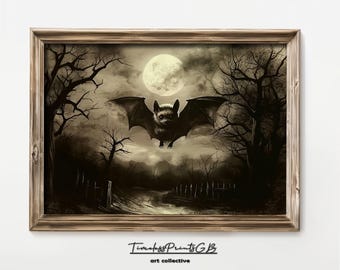 Cute Bat Wall Art | Vintage Halloween Printable Bat Painting | Bat Poster Art | Halloween Animal Decor | Spooky Home Decor | Halloween Art