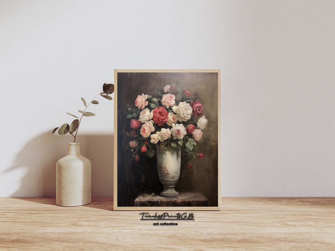 Vintage Rose Bouquet Still Life Art Print: Moody Botanical Painting ...