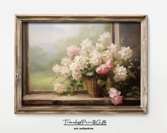 Vintage Floral Still Life Painting: Spring Flower Window Art (Digital Download)