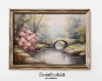 Vintage Bridge in Forest Painting: Spring Landscape Art (Digital Download)