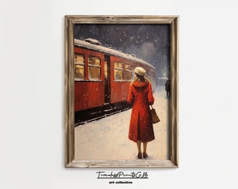 Christmas Winter Woman Portrait at the Train Station Wall Art Moody Winter Home Decor Rustic Vintage Train Painting Winter Scenery Printable