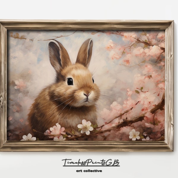 Printable Cute Rabbit Spring Decor with Cherry Blossoms Wall Art Pink Farmhouse Decor Bunny Painting Animal Poster Cherry Blossom Art Print