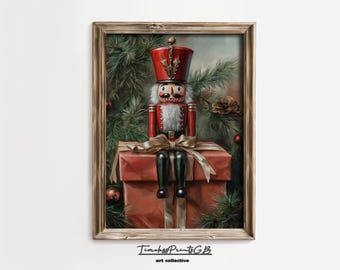 Vintage Nutcracker Christmas Print: Toy Soldier on Gift (Digital Download)