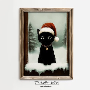 Kerst kat print in kerstmuts kunst aan de muur schattige zwarte kat woondecoratie vintage kitten olieverfschilderij vakantie digitale print rustieke boerderij decor