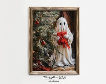 Christmas Ghost with Present Print: Vintage Holiday Wall Art (Digital Download)
