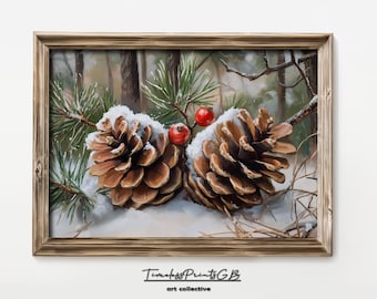 Pinecones in Snow Print: Christmas Wall Art, Snowy Forest Decor (Digital Download)