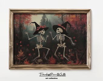 Skeleton Witch Dancing Print: Vintage Halloween Home Decor (Digital Download)