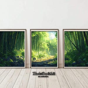 May include: Three framed art prints depicting a bamboo forest scene. The artwork features lush green bamboo stalks, sunlight filtering through the trees, and a stone path. The prints are displayed on a white wall above a wooden floor.