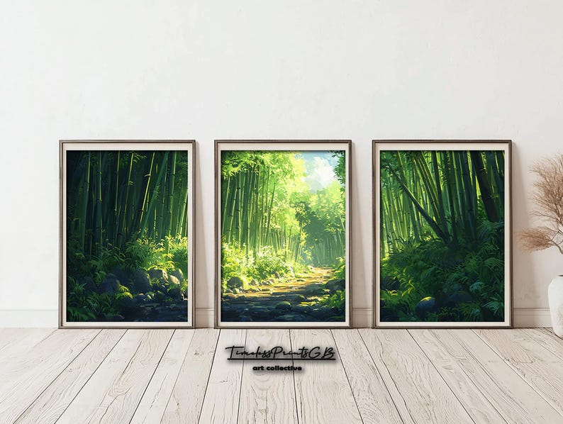 May include: Three framed art prints depicting a bamboo forest scene. The artwork features lush green bamboo stalks, sunlight filtering through the trees, and a stone path. The prints are displayed on a white wall above a wooden floor.