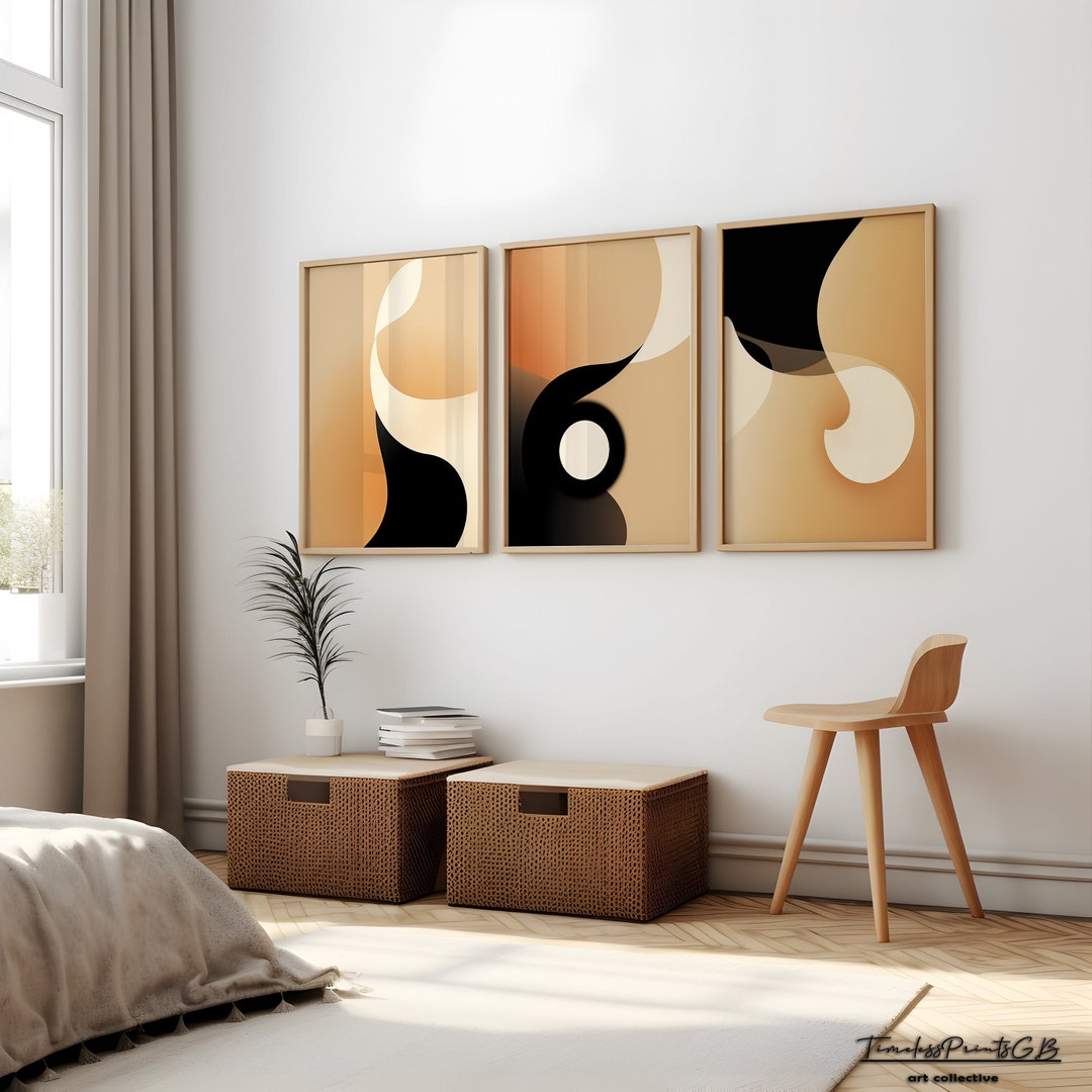 Set of 3 Abstract Print Beige Black and White Wall Art Modern Simple ...