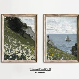 Conjunto vintage de 2 impresiones de arte costero para pared, pintura al óleo de paisaje, estampado floral costero, conjunto de 2 impresiones de estilo campestre francés, conjunto de 2 impresiones de decoración de cabañas, conjunto de 2 impresiones artísticas