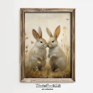 Bunny Couple Print in a Flower Field Wall Art Spring Decor Rabbit Poster Vintage Bunny Painting Farmhouse Decor Floral Printable Animal Art