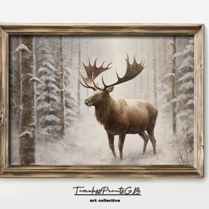 Moose in Forest Wall Art Christmas Stag Vintage Printable Christmas Deer Poster Winter Animal Home Decor Snowy Forest Scenery Painting