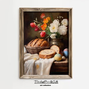 Vintage pan y flor en un jarrón arte de la pared naturaleza muerta imprimible pintura floral cambiante decoración de la granja descarga digital cartel de decoración del hogar