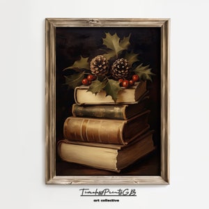 Christmas Books Vintage Printable Stack of Books Wall Art Still Life Painting Rustic Christmas Home Decor Books with Pinecones Wall Decor
