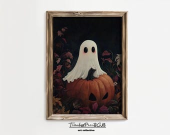 May include: A white ghost with black eyes sits on top of a carved orange pumpkin with a black background. The pumpkin is surrounded by fall leaves in shades of red, orange, and brown.
