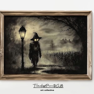 Vintage Halloween Vogelscheuche zum Ausdrucken | Gruselige Vogelscheuche Wandkunst | Vogelscheuche im Kornfeld Poster | Halloween-Dekor | Gruselige Wohnkultur