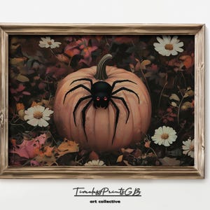 Cute Spider on a Pumpkin Wall Art | Vintage Halloween Printable Spider with Flowers Poster | Funny Spider Home Decor |Halloween Spider Print