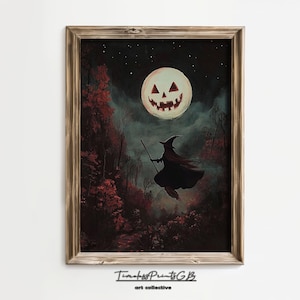 Witch with a Funny Moon Wall Art | Vintage Halloween Printable Witchy Poster | Halloween Witch in the Forest Print | Spooky Home Decor