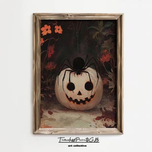 Scary Spider Wall Art on a Pumpkin Print | Vintage Halloween Printable Spider Digital Download | Spooky Home Decor | Spider Poster Art