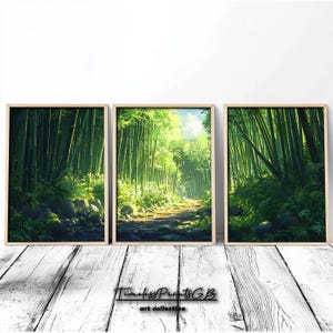 May include: Set of three framed art prints depicting a lush bamboo forest scene. The artwork features vibrant green bamboo stalks, ferns, and a path leading into the sunlight. The frames are a light wood color, and the overall theme is nature and landscape.