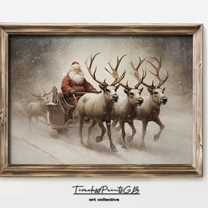 Santa Claus with a Sleigh Print Christmas Santa and Reindeers Wall Art Christmas Home Decor Vintage Holiday Season Painting Winter Poster