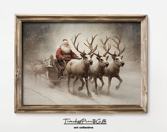 Vintage Santa Sleigh Print: Christmas Reindeer Wall Art (Digital Download)
