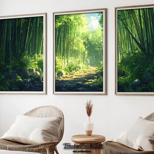 May include: Three framed art prints depicting a bamboo forest scene. The artwork features lush green bamboo stalks, a stone path, and sunlight filtering through the trees. The prints are displayed above two wicker chairs with white pillows.