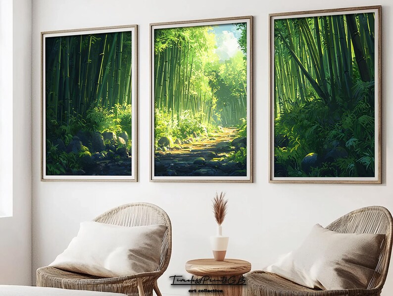 May include: Three framed art prints depicting a bamboo forest scene. The artwork features lush green bamboo stalks, a stone path, and sunlight filtering through the trees. The prints are displayed above two wicker chairs with white pillows.