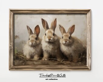Vintage Easter Bunny Print: Wildflower Field, 3 Bunnies (Digital Download)