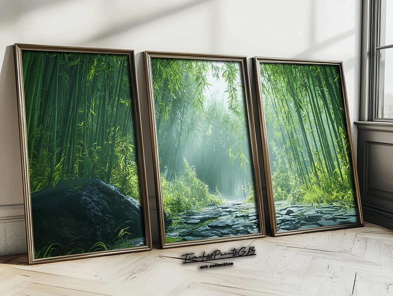 May include: Three framed prints of a lush green bamboo forest with sunlight streaming through the leaves. The prints are in brown frames and are arranged in a row on a wooden floor.
